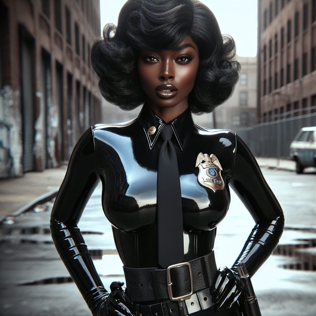 1970s Retro Female Police Officer in Latex Uniform
