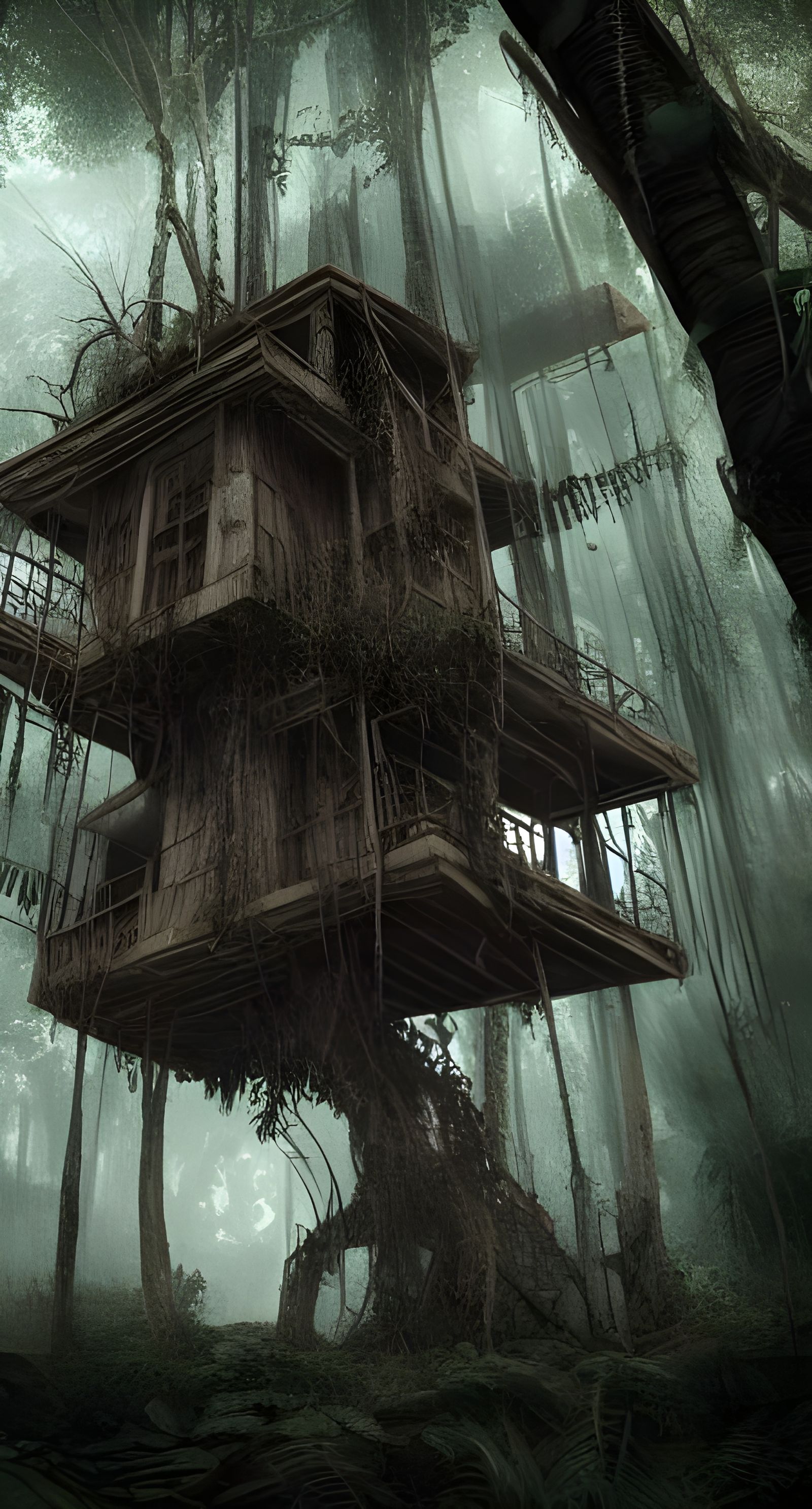 Dark Post-Apocalyptic Jungle Treehouse in Hyperrealism