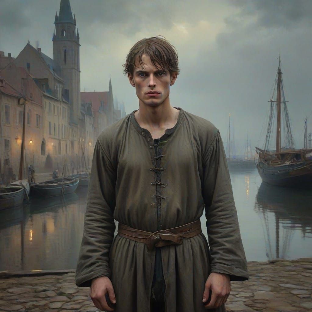 Medieval Man on Marseille Dock in Misty Twilight