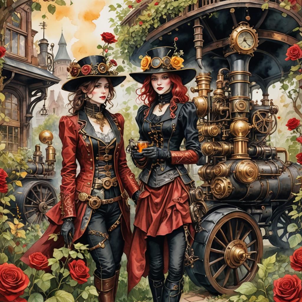Steampunk Witch in Secret Rose Garden, Watercolor Style