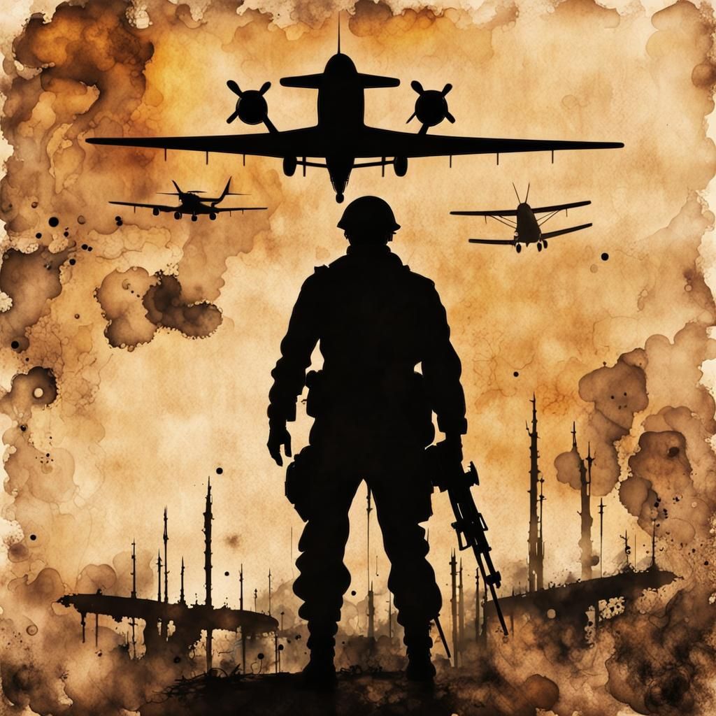 Steampunk Soldier Silhouette in Ink Painting Style