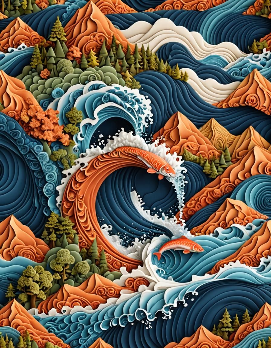 Quilted Sculpture of a Mountain Cascade with Wildlife