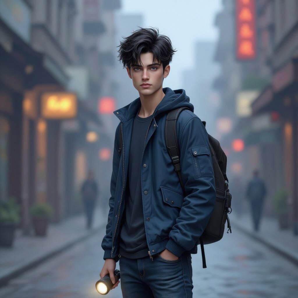 Hyperrealistic Portrait of a 17-Year-Old Male with Backpack