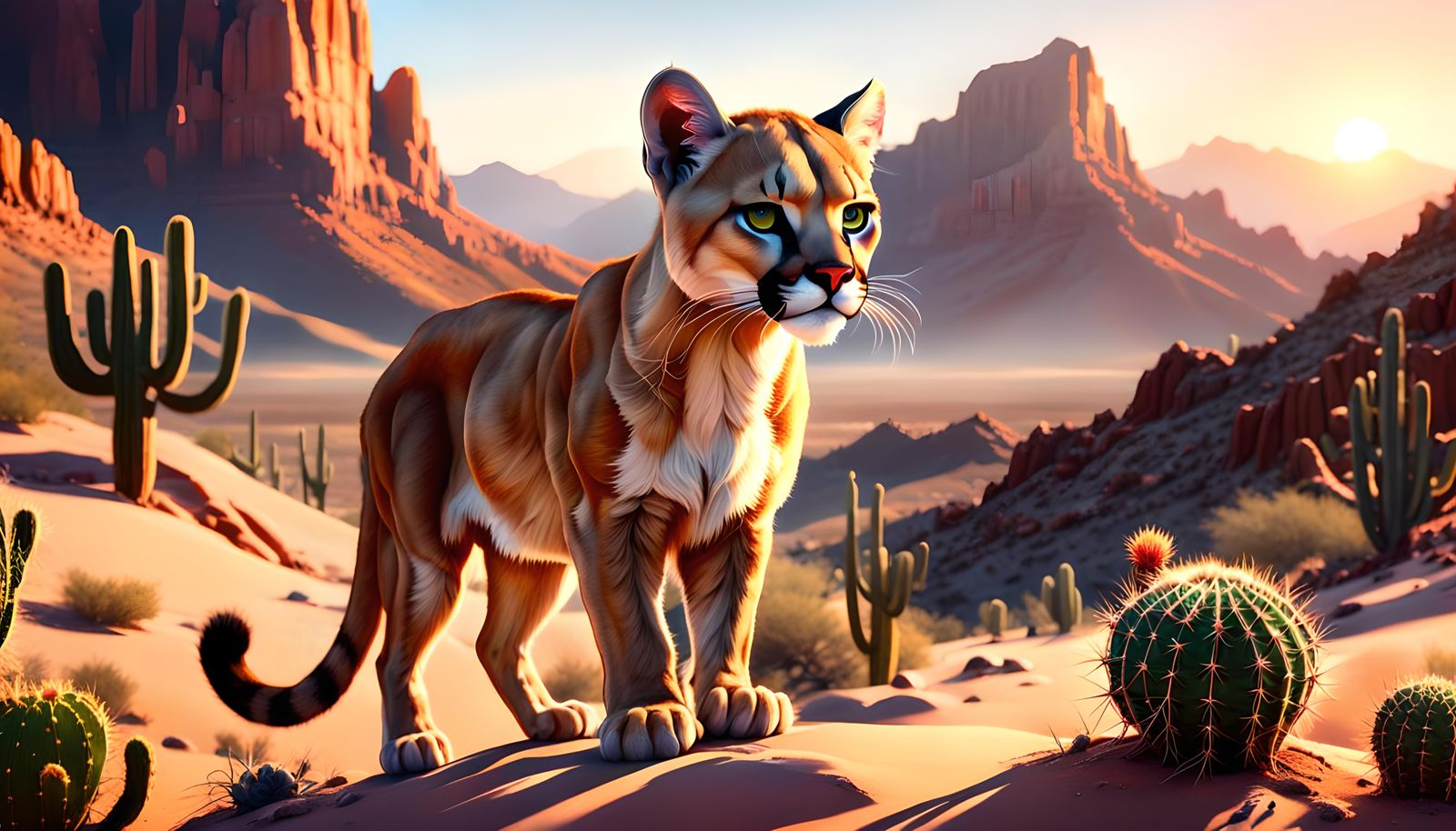 Desert Canyon Sunset with Baby Puma, Detailed Art
