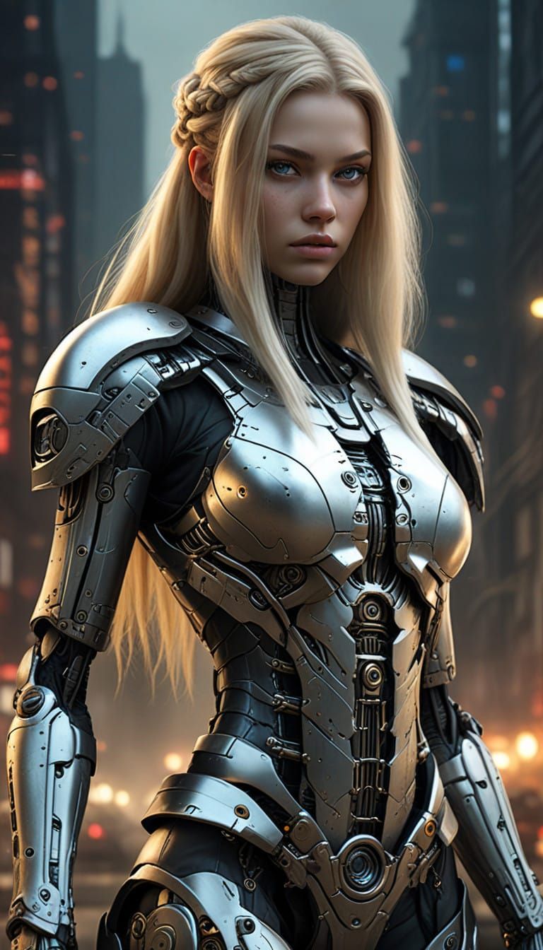 Cyberpunk Warrior in Heavily Protected Exoskeleton