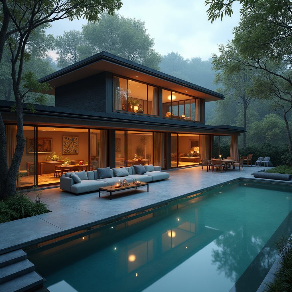 Serene Bungalow with Pool in Fantasy Concept Art Style