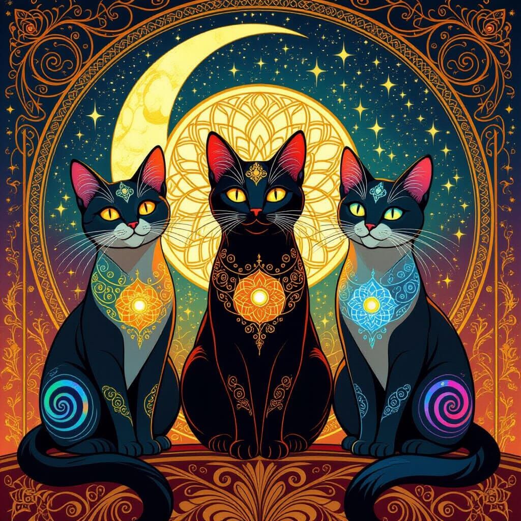 Art Nouveau Cats with Mandalas and Cosmic Background