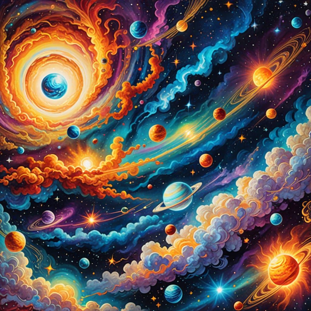 Vibrant Cosmic Illustration in Mixed Media Style