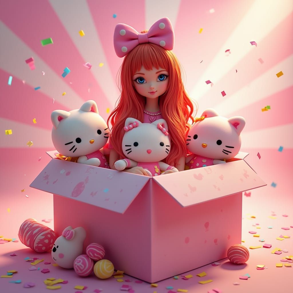 Whimsical Hello Kitty Wonderland with Vibrant Red Haired Gir...