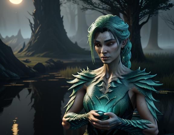 Female Amphiboid Emerges from Misty Pond: 3D Game Art