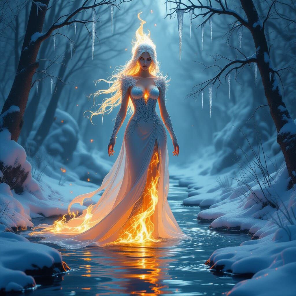 Ethereal Fire and Ice Woman in Surreal Oil Painting Style