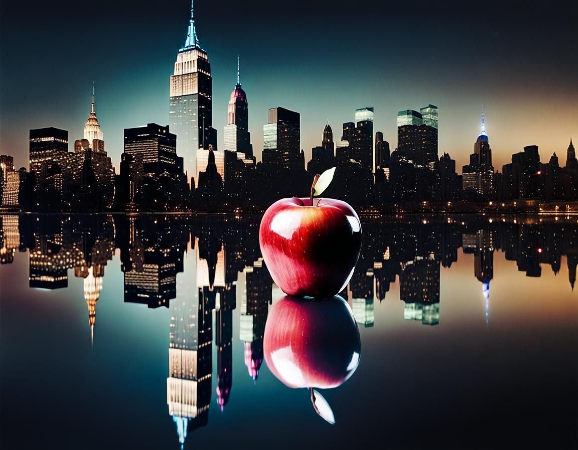 Surreal Manhattan Nightscape with Glass Apple Reflection