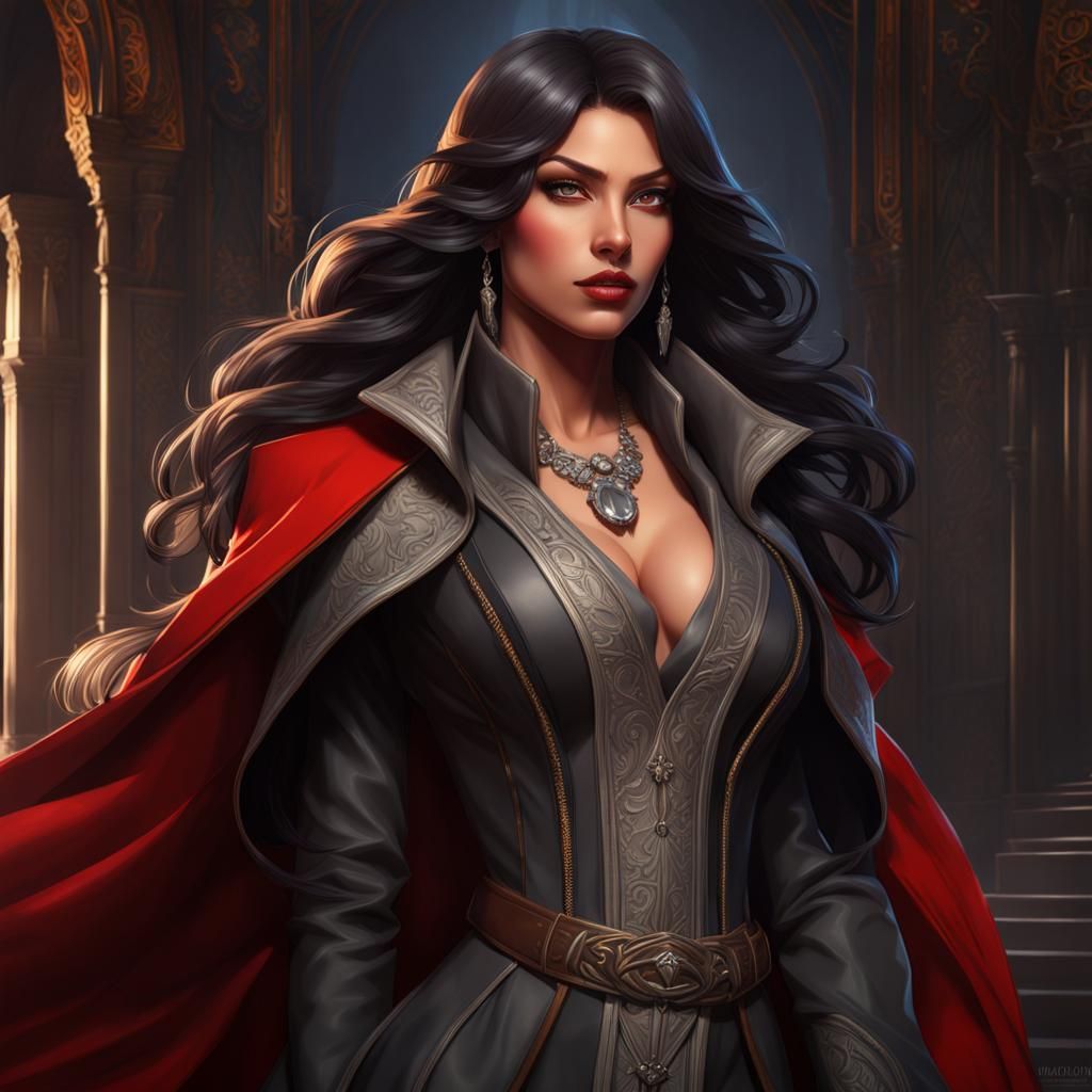 full body, castlevania style pretty woman with long coat; brown skin, black hair with side bangs; full lips; grey eyes, ...