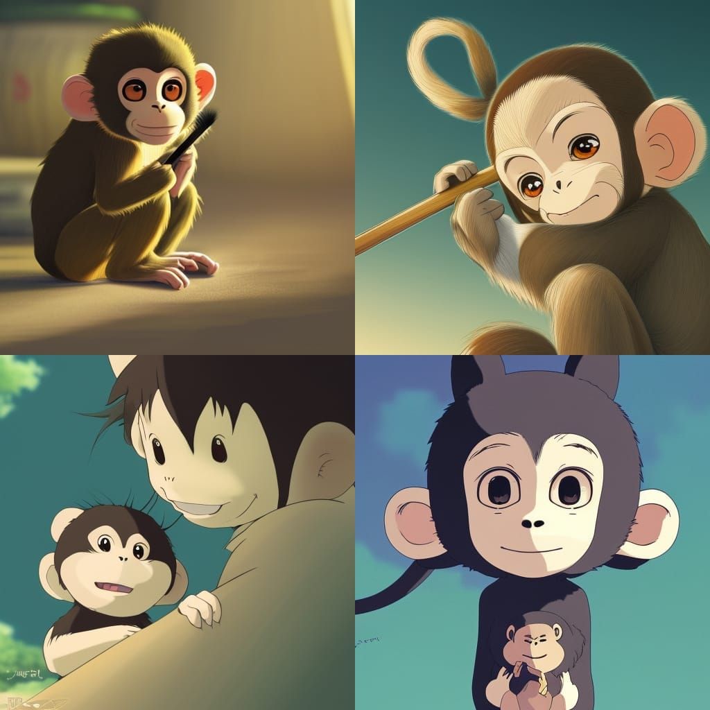 Monkey with Brush Tail in Studio Ghibli Style