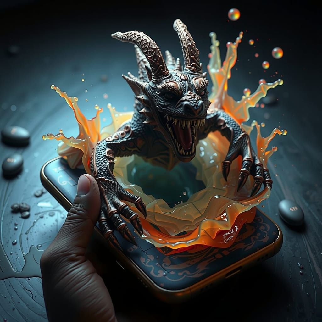 Dragon Unleashed from Smartphone in Vibrant Fantasy Scene