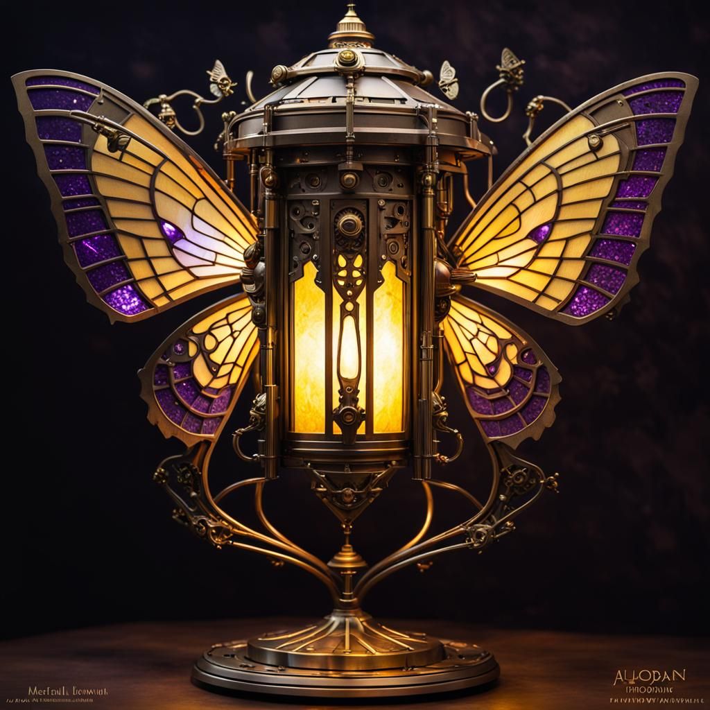 Dystopian Steampunk Lamp with Moths in Art Deco Style