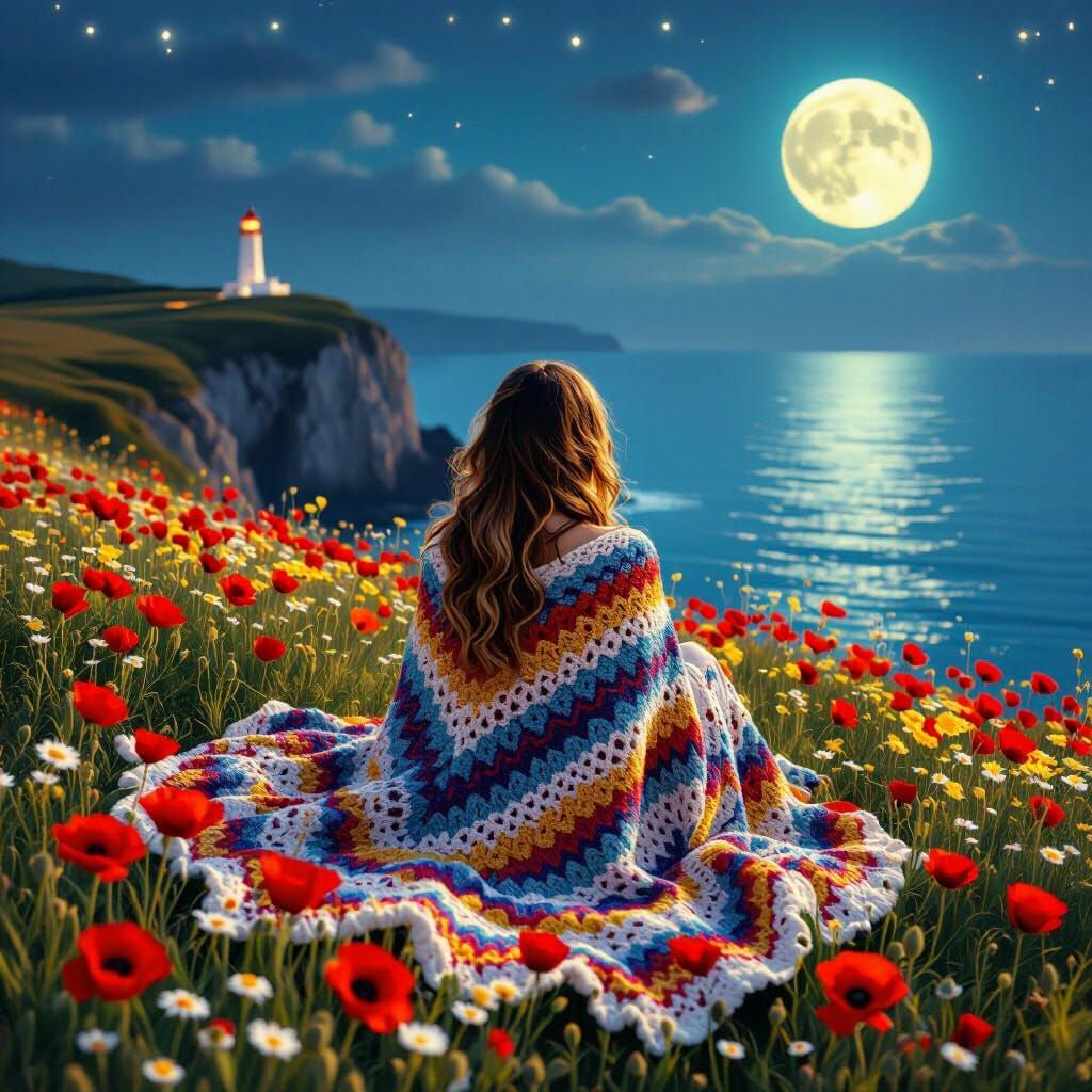 Woman in Poppy Field Under Moonlight, Surreal Art