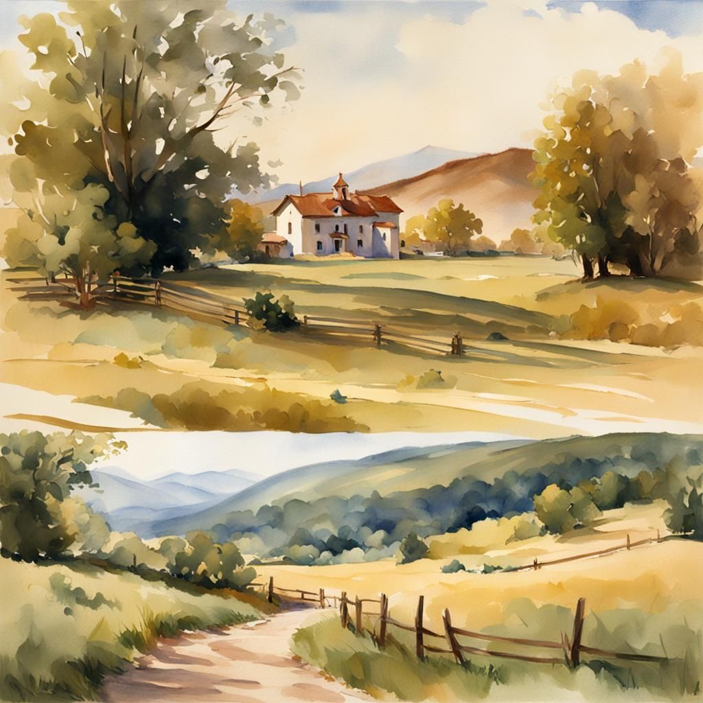 Sunlit Countryside Landscape as Watercolor Sketch