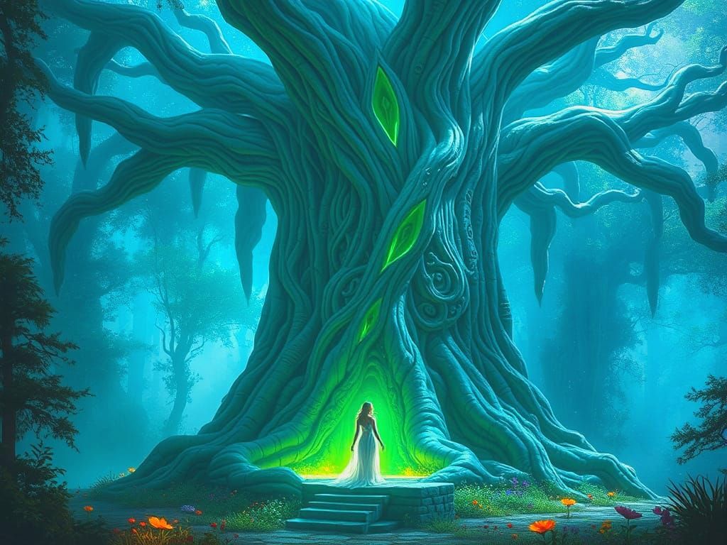 Ancient Druid Tree with Glowing Runes and Ethereal Lighting