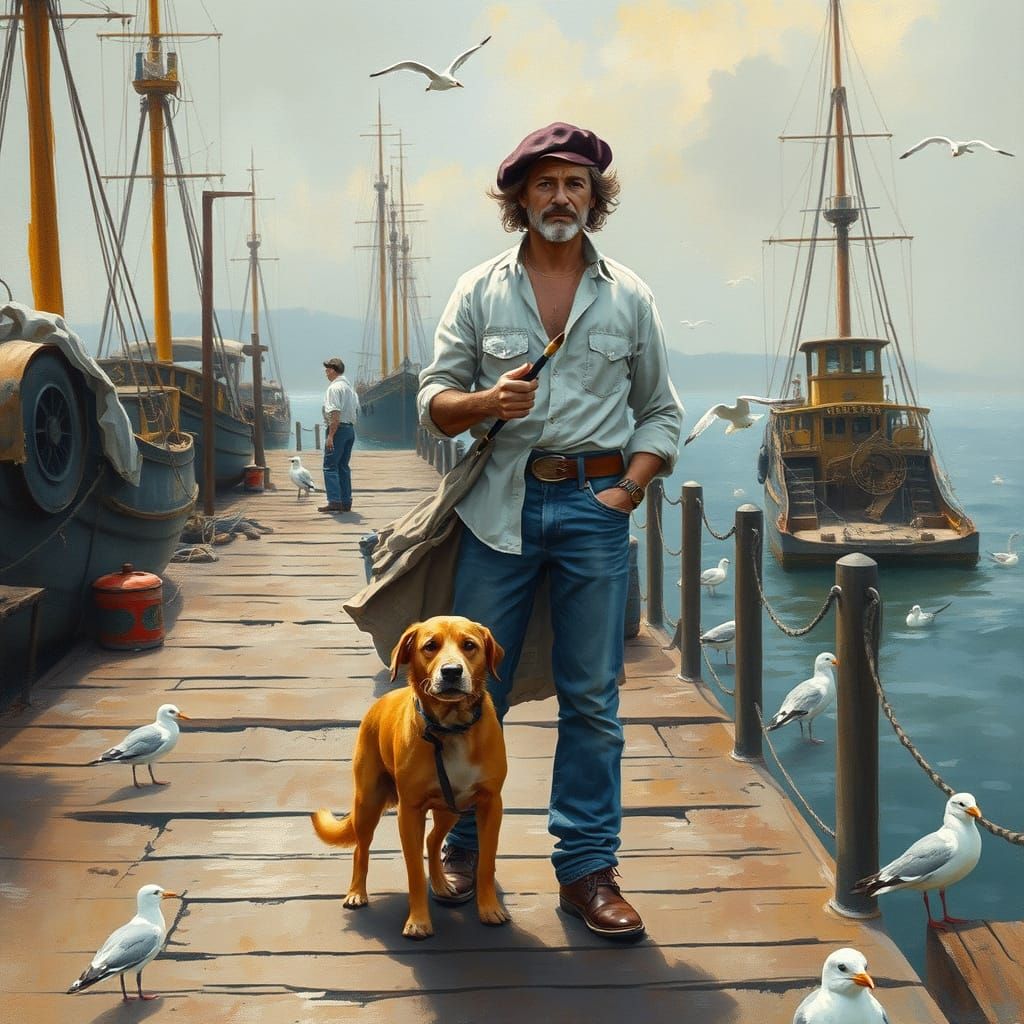 Tramp and Dog on Dock in Watercolor Style