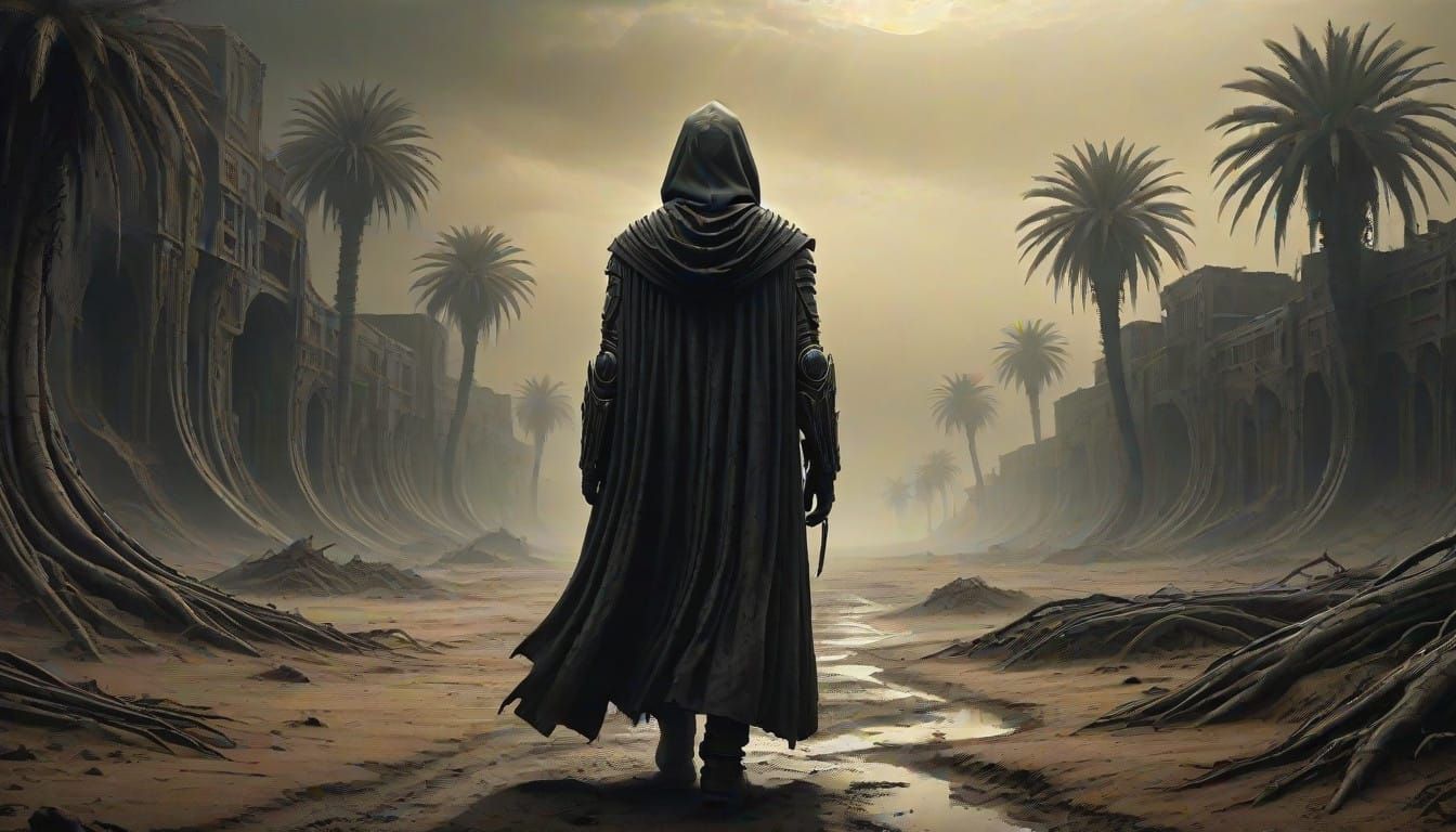 Worn Traveler Fades into a Desolate Horizon