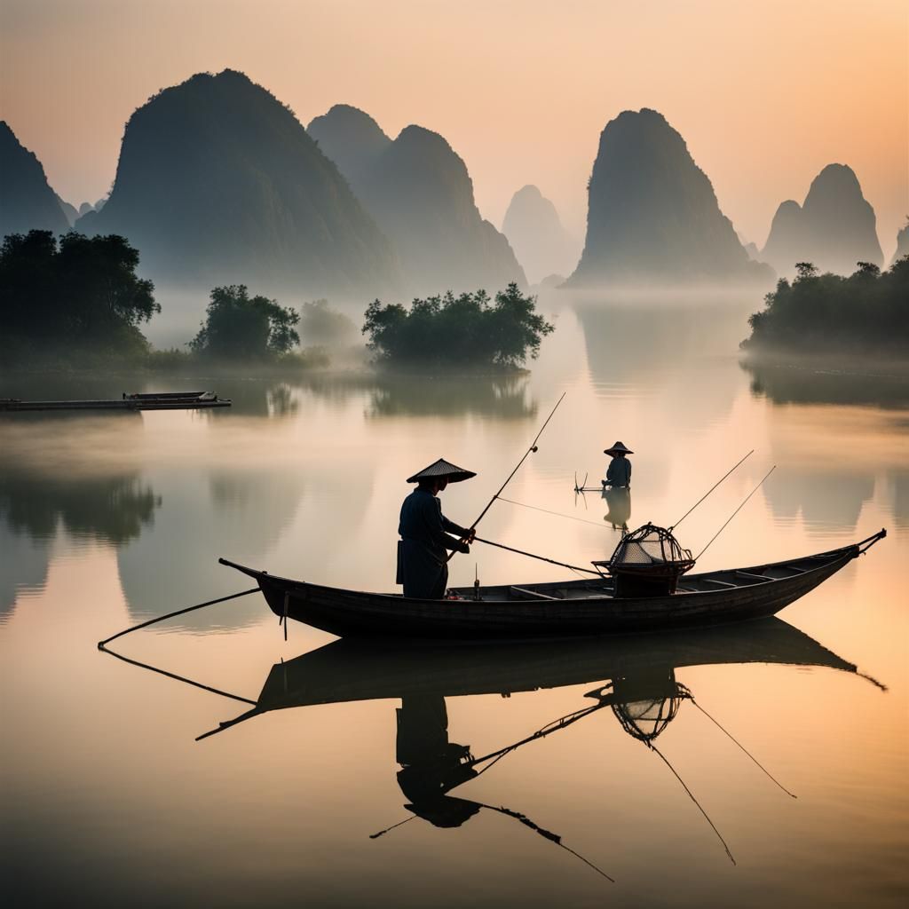 Ethereal Guilin Landscape with Fisherman at Dusk