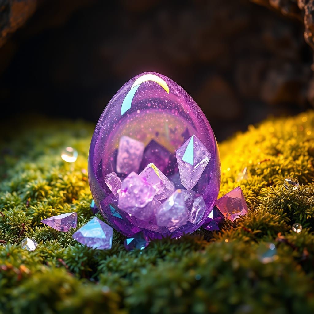 Amethyst Crystal Egg in Mystical Grotto Scene