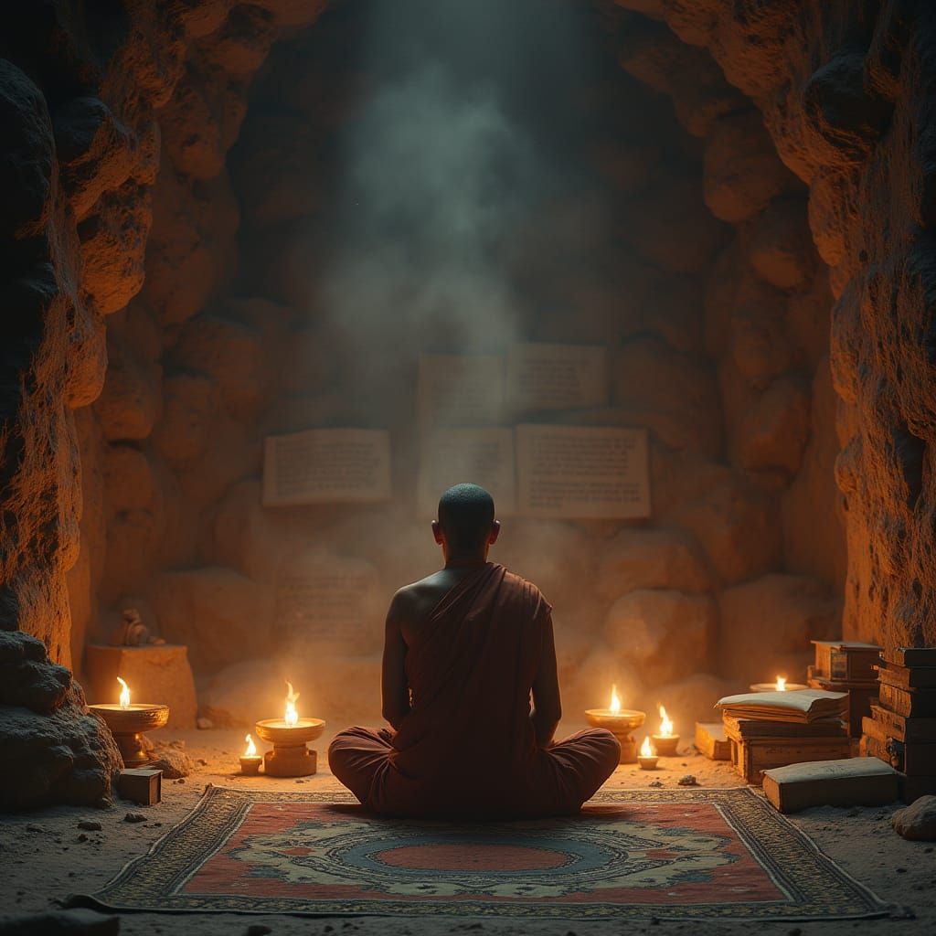 Yogi Meditates in Himalayan Hermitage with Cinematic Lightin...