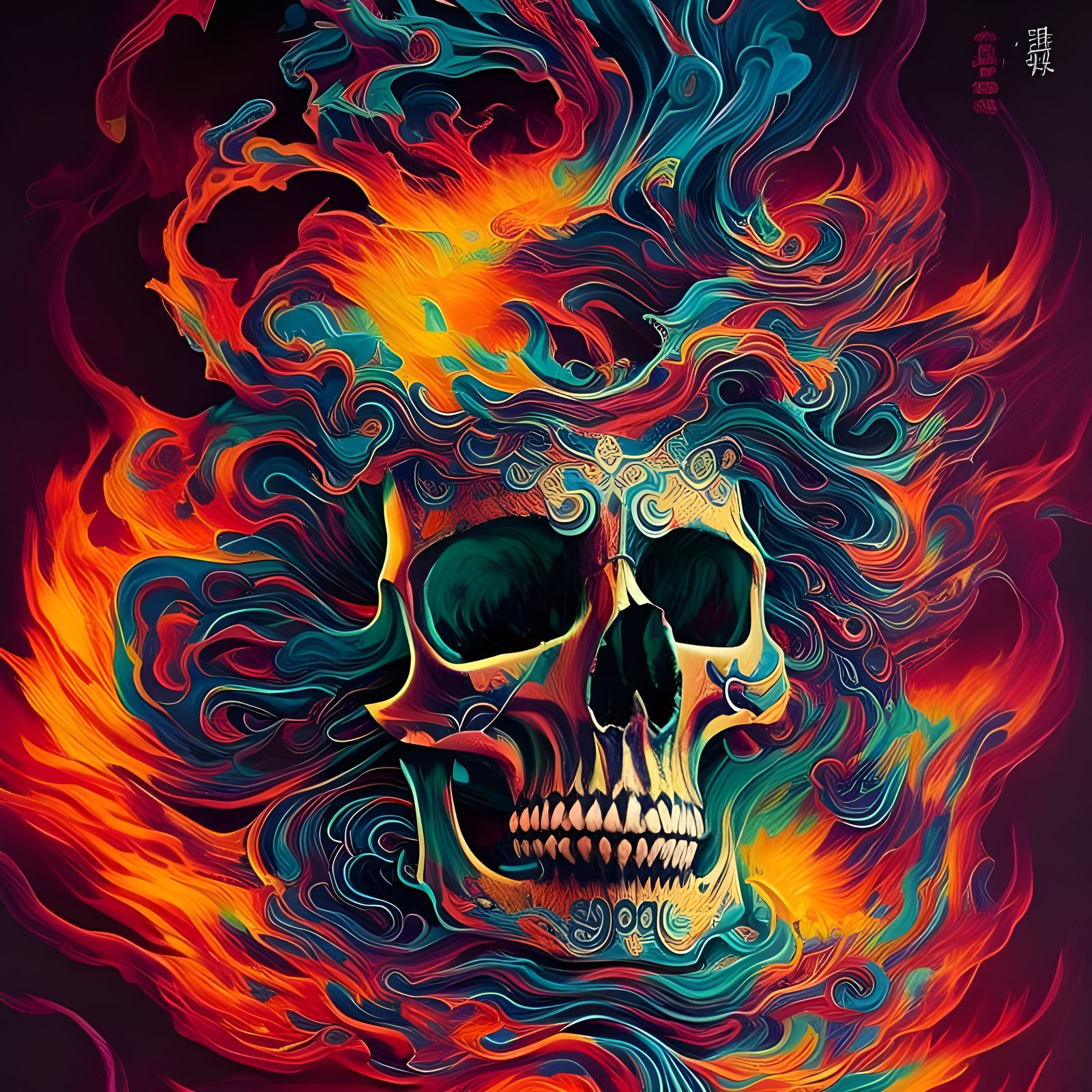 Fiery Skull Dissolving in Astral Paint Bursts