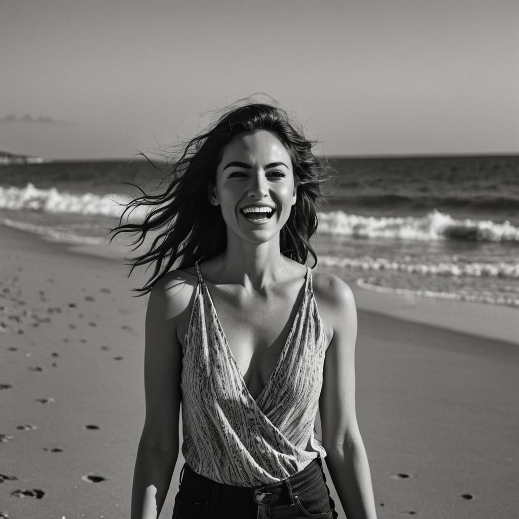 Beautiful Woman on Beach in Synthography Style