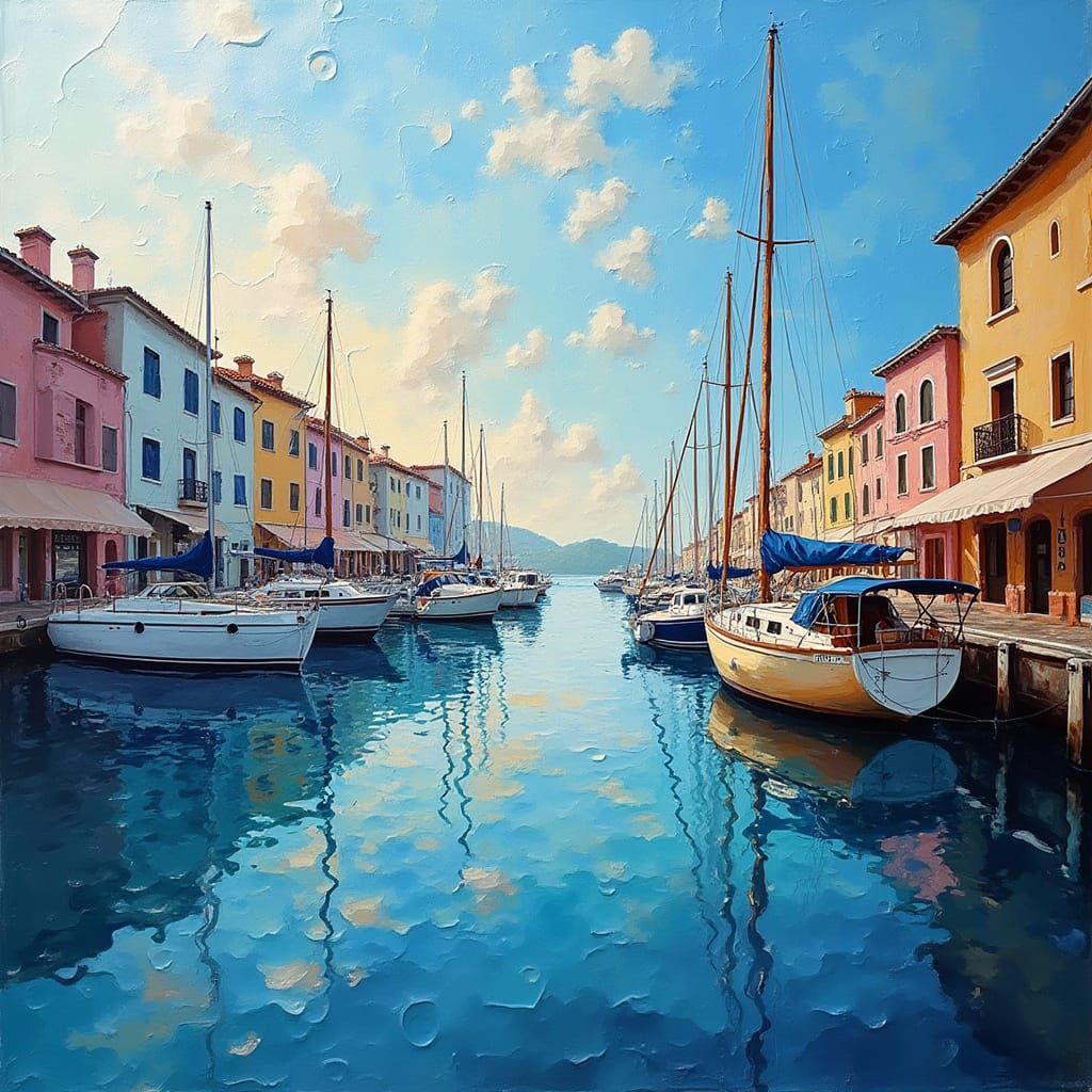 Distorted Marina Reflection in Impasto Oil Painting