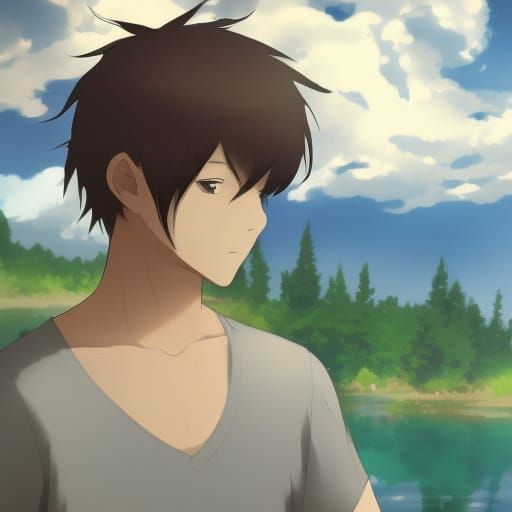 Anime Style Portrait of a Boy by a Lake