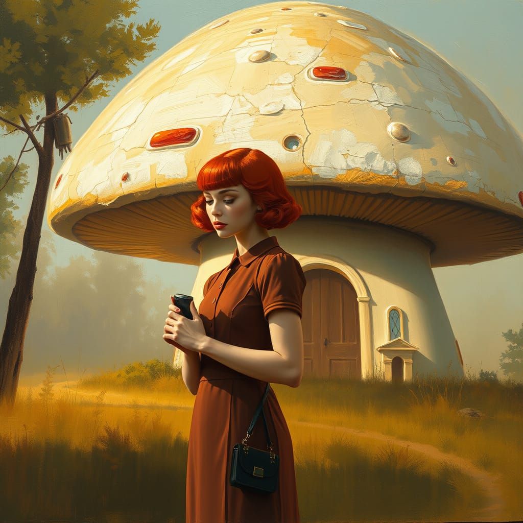 Android Maiden Contemplates a Futuristic Mushroom Abode