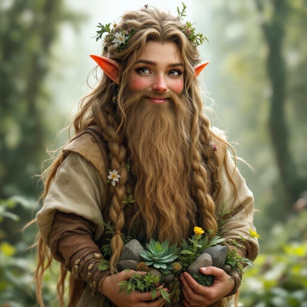 Earthy Dwarf Druid with Braided Hair and Flowers