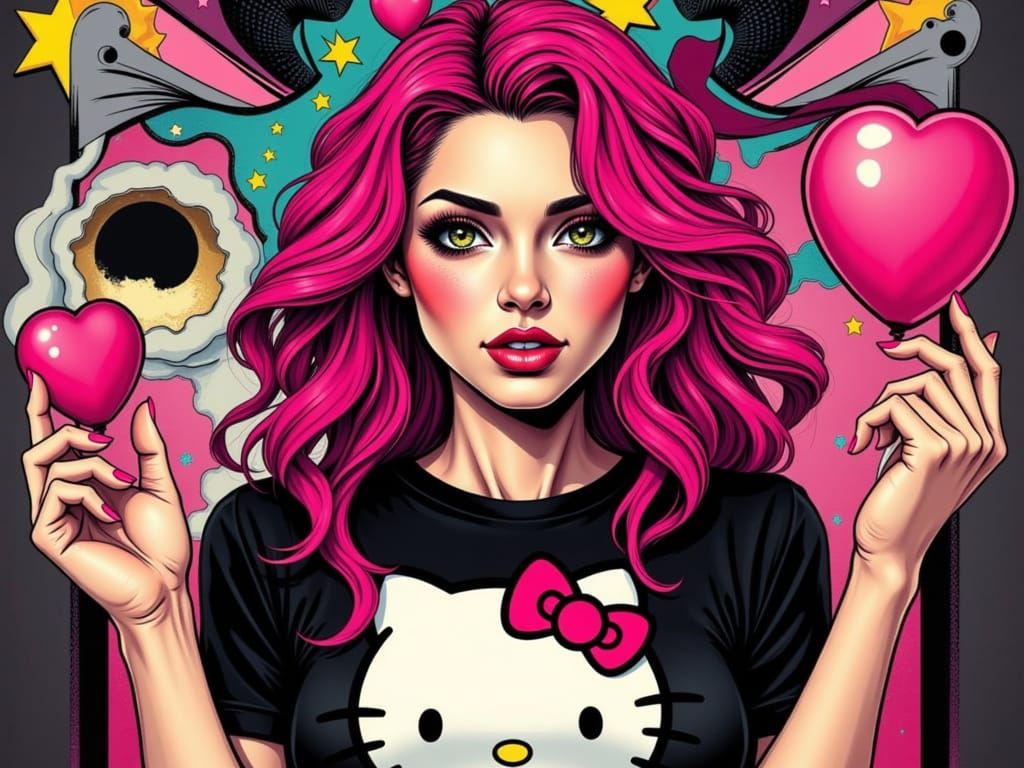 Pop Art Portrait: Woman with Pink Hair and Hello Kitty