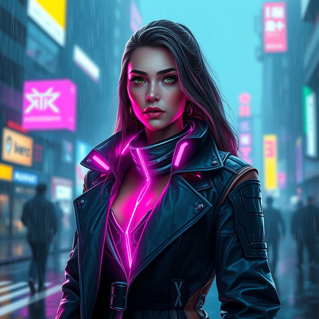 Cyberpunk Princess in Rainy Dystopian Cityscape