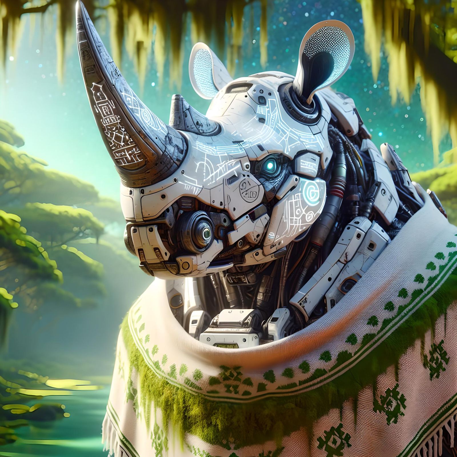 Mechanical Rhino with Runic Tattoos in Safari Forest