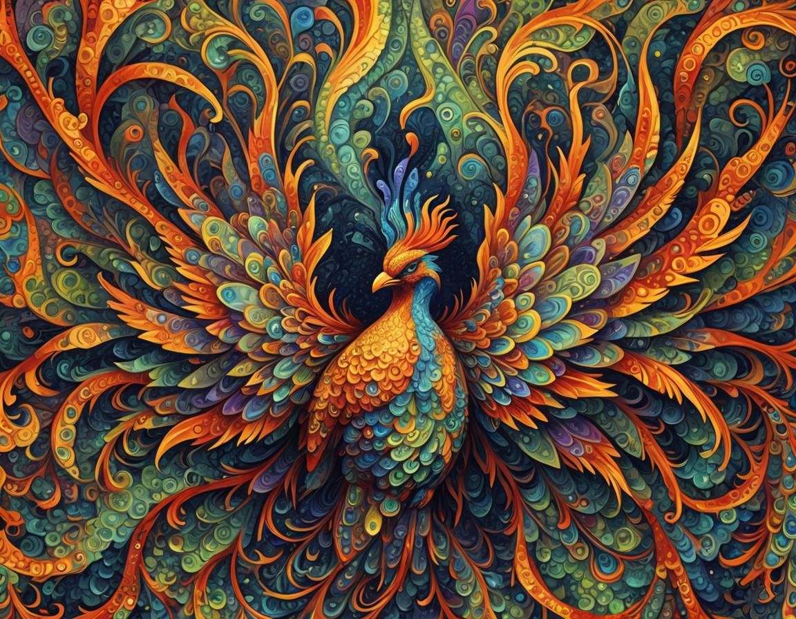 Psychedelic Fractal Phoenix in Pointillism Style