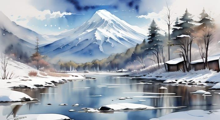 Watercolor Snowy Mountain with New Year's Greeting