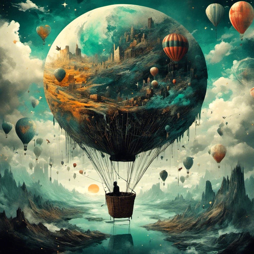 Hot Air Balloon on Alien Planet, Textured Illustration