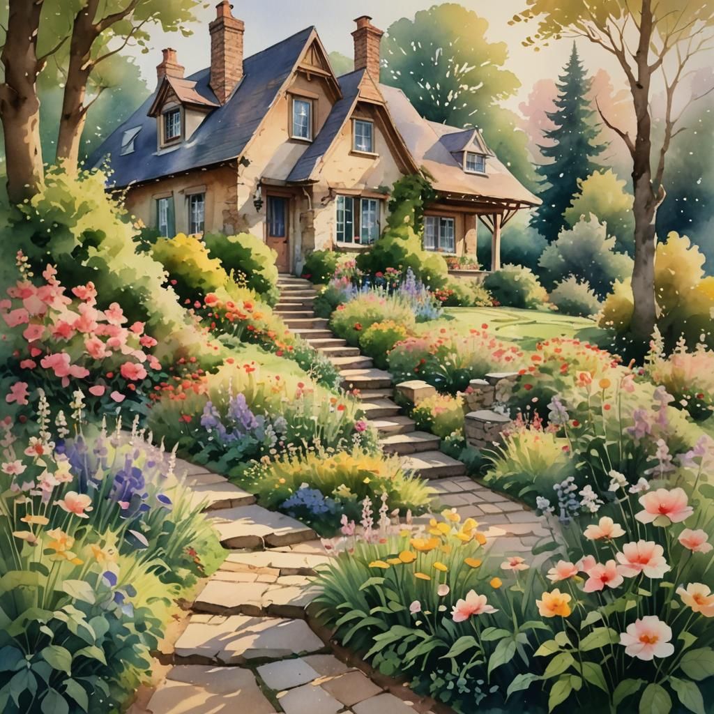 Cozy House in Lush Garden: Impressionistic Watercolor