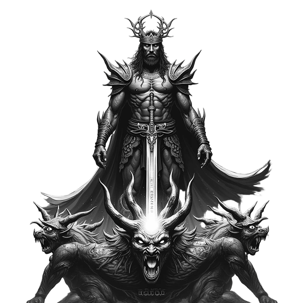 Persian Warrior Over Defeated Demon in Ink Style