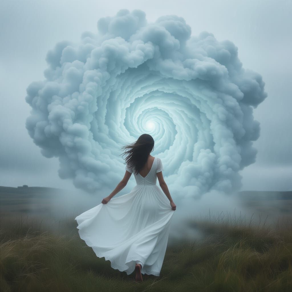 Surreal Whirlwind Dreamscape with Flowing White Dress