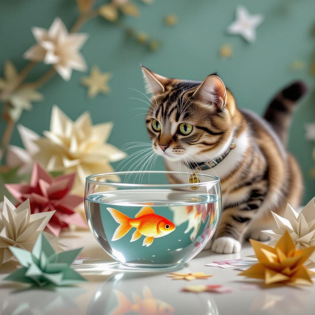 Cat Attempts to Catch Goldfish Amidst Origami Decorations