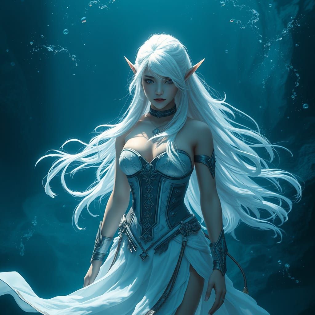 High-Elf Female in Ocean Depths: Fantasy Art