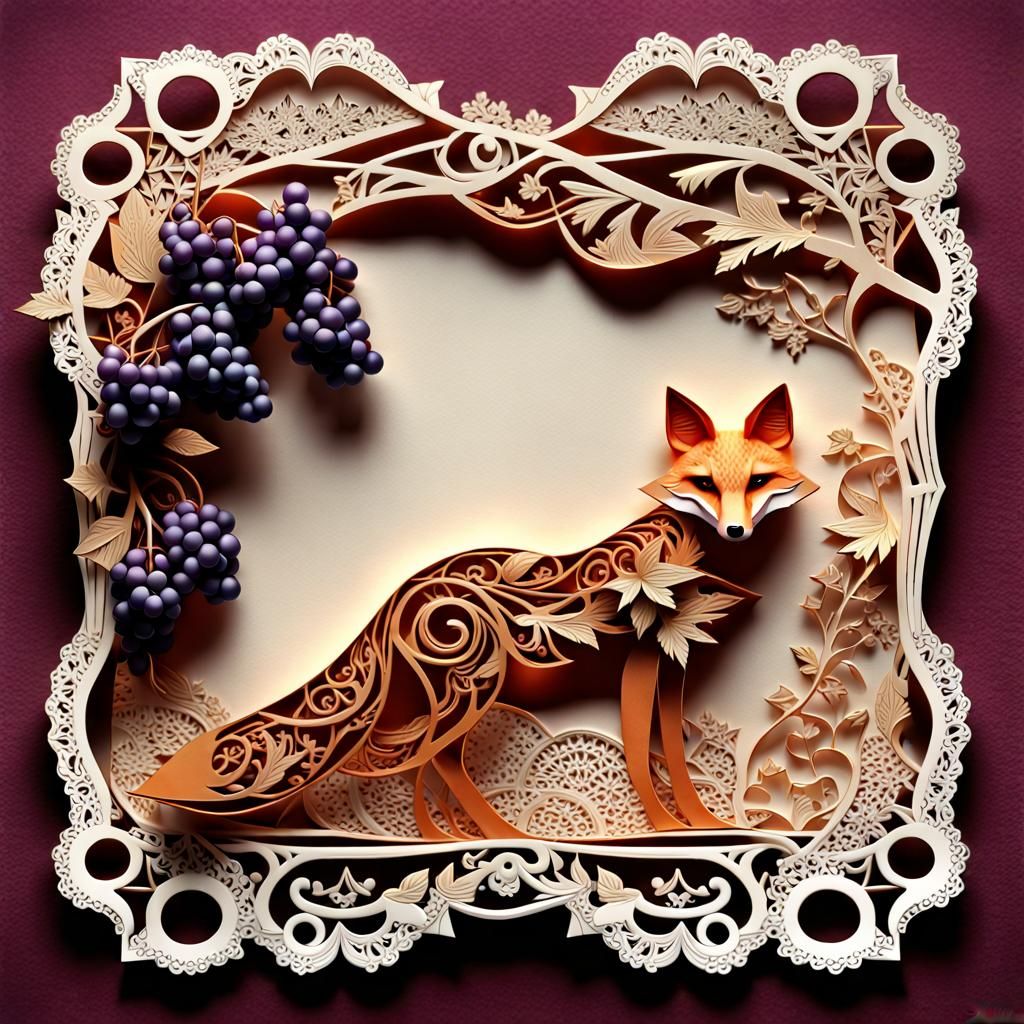 Elegant Fox and Grapes Papercraft Card in High Resolution