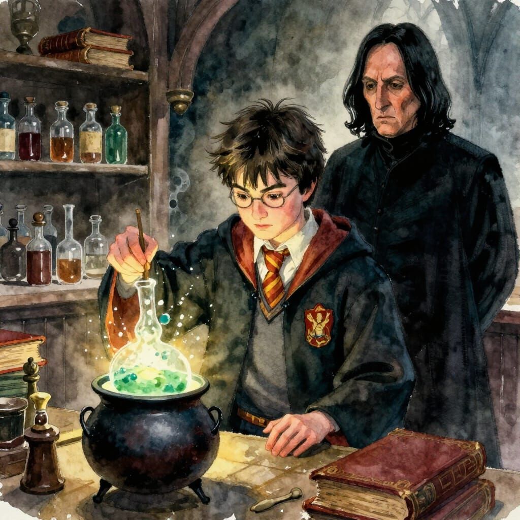 Harry Potter Brewing Potions with Snape in Watercolor Style