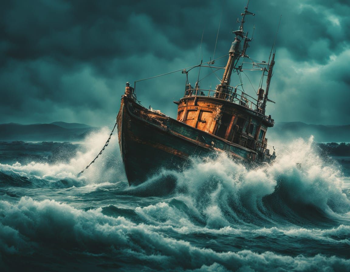 Dramatic Seascape Painting of Fishing Boat in Storm