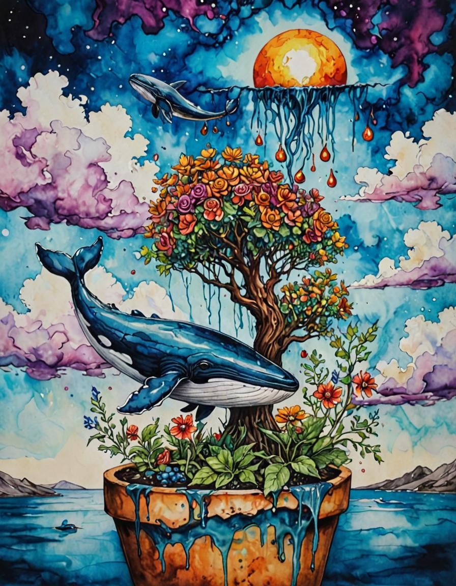 Surreal Alcohol Ink: Whale and Flower Pots