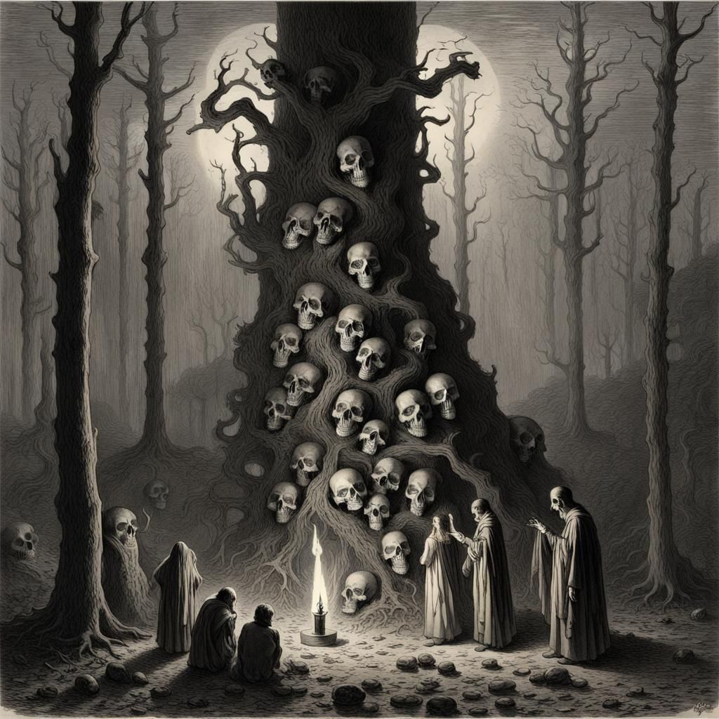 Eerie Candle Tree and Skulls in Dark Forest